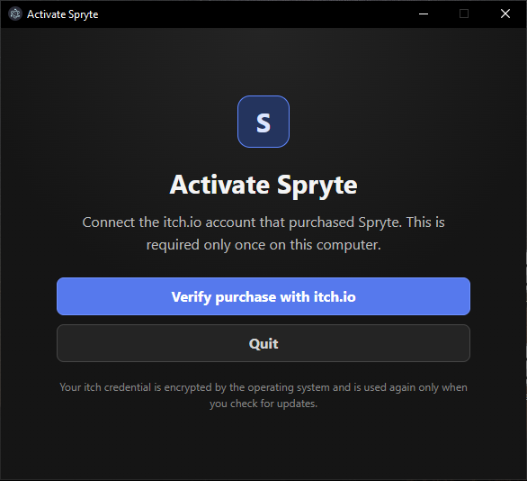 Spryte activation window with the Verify purchase with itch.io button