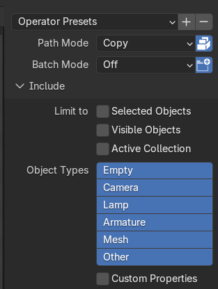 Blender FBX export settings with Path Mode set to Copy and the Embed Textures icon beside it