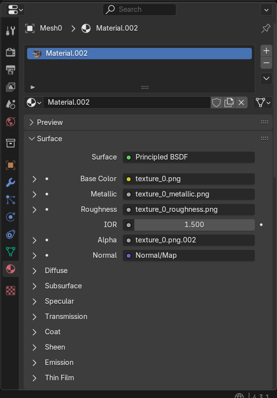 Blender Material Properties showing image textures connected to Base Color, Metallic, Roughness, and Alpha