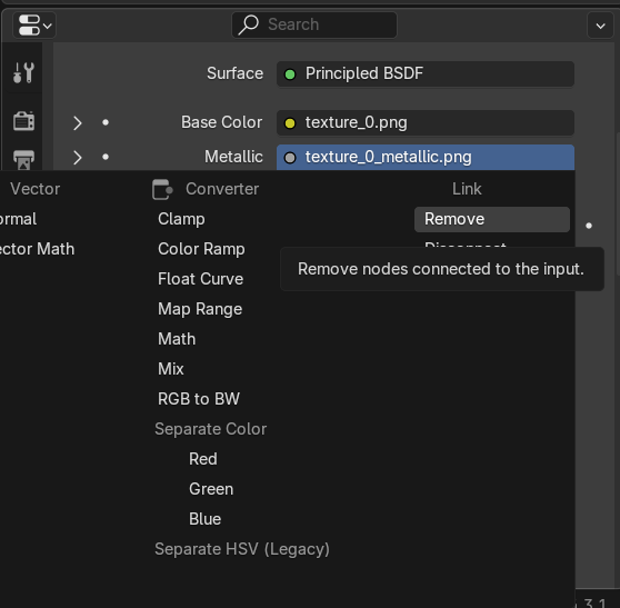 Blender's texture input menu with Remove selected for a material texture link