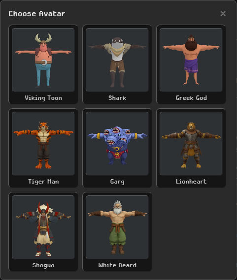 Spryte’s Choose Avatar window showing the available built-in characters