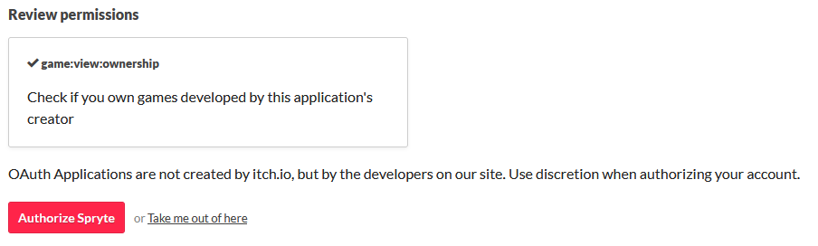 The itch.io authorization page showing Spryte’s ownership-check permission