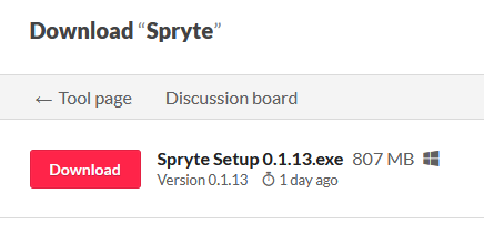 The Spryte download page on itch.io, showing the Windows installer download