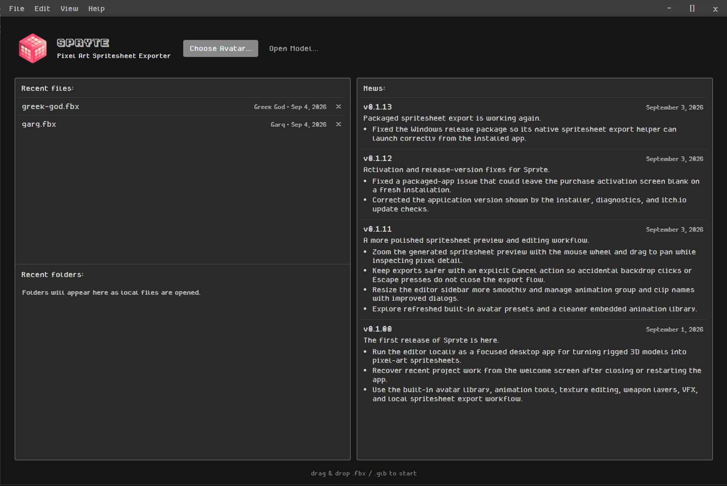 The Spryte welcome screen with Choose Avatar and Open Model controls, recent files, and release news