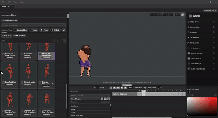 Spryte's animation library filtering character motions while a pixel-art character previews the selected animation