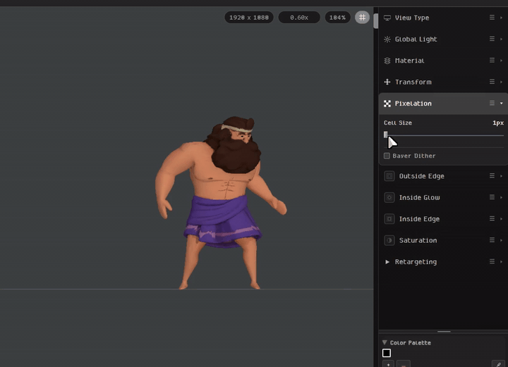 Spryte's sidebar adjusting pixelation, outside edge, and inside glow to turn a smooth 3D character into pixel art