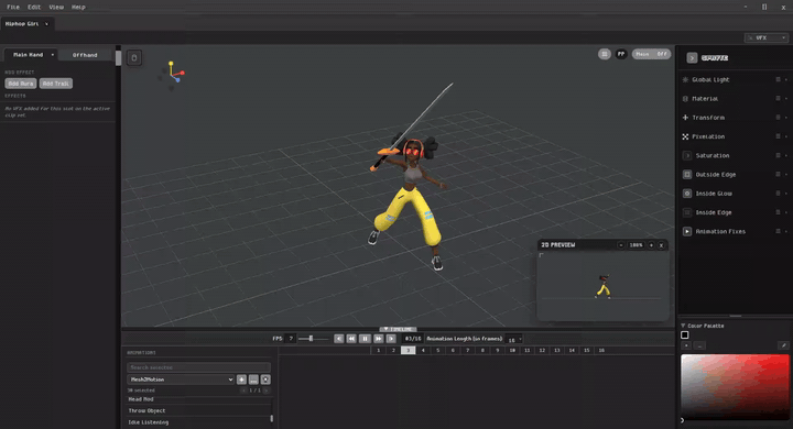 A visual effect being positioned and previewed on an animated character in Spryte
