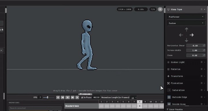 Spryte switching an animated character between Platformer, Isometric, and Top Down view types