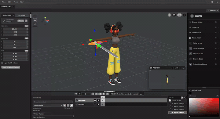 A 3D character in Spryte being equipped and positioned with a sword